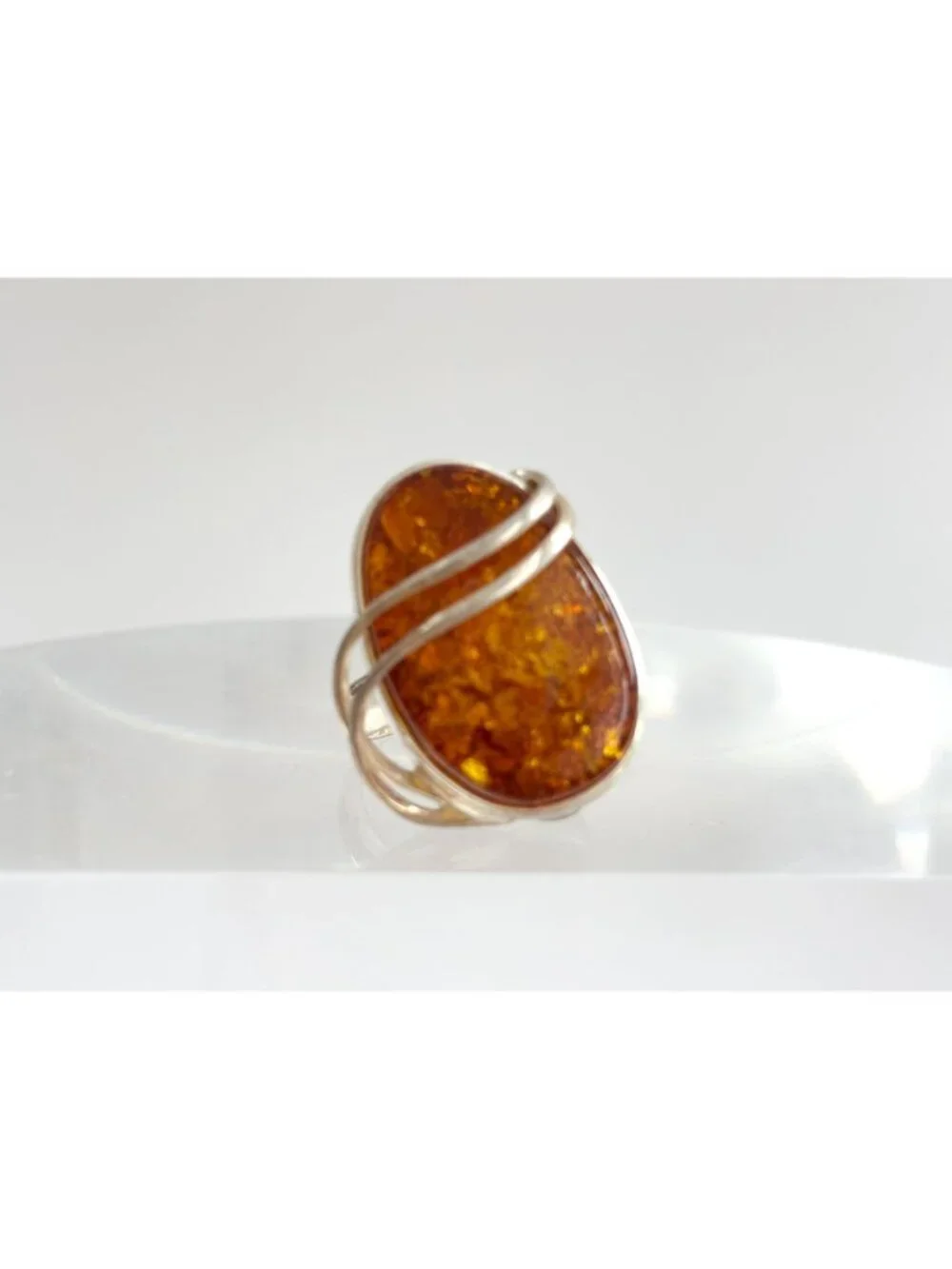 Modernist Genuine Baltic Amber Stone Sterling Silver 925 Vintage Ring - sz 7.5